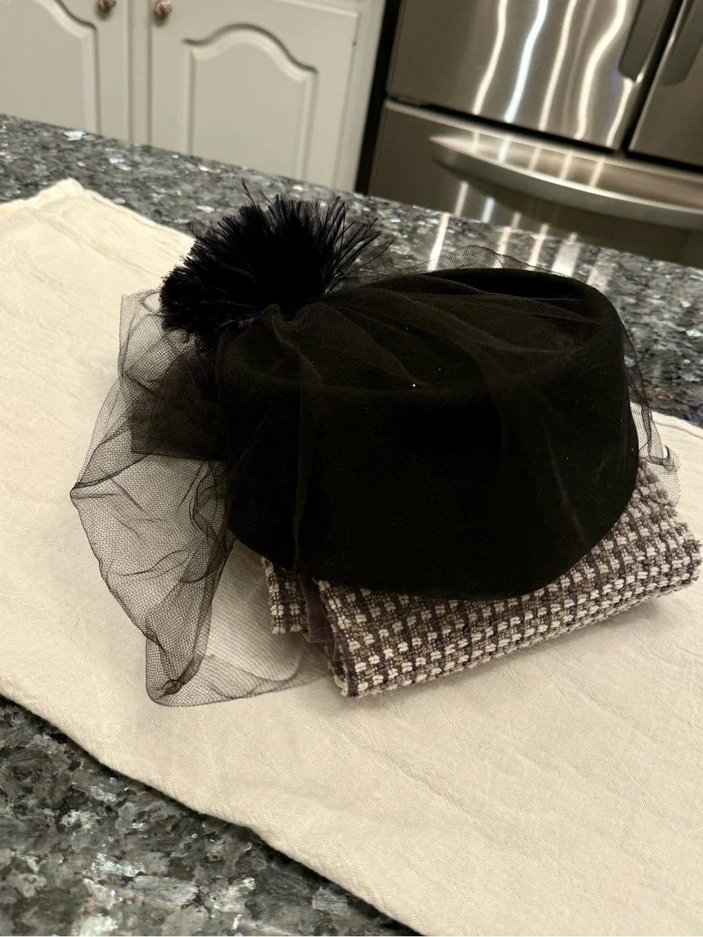 80s Betmar Black Wool Tilt Hat Feather Pompom USA Wool Vintage Women’s Church